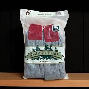 Vtg 6 PAIR Timber Trail Cotten Blend Men's Boot Socks Gray Red Trim Size 10-13